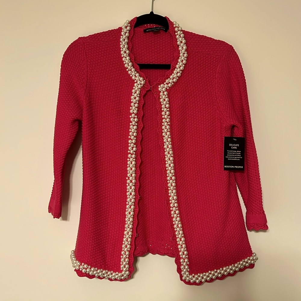 Boston Proper. Crochet Pink Perl Cardigan. Size S. - Picture 4 of 10